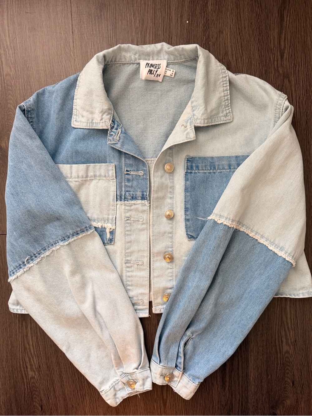 Princess Polly Two-Tone Patchwork Denim Jacket - Light Blue & Medium Blue